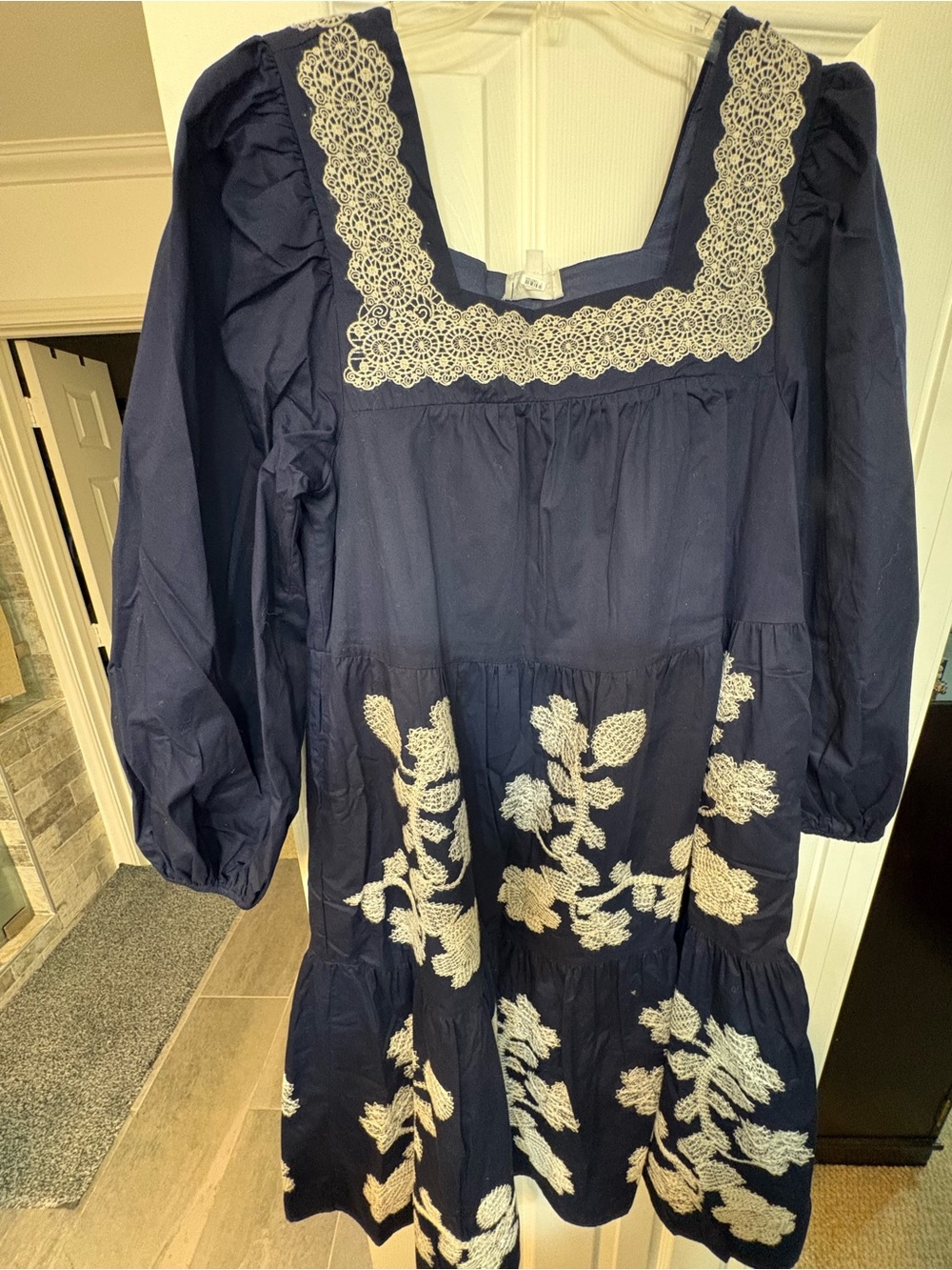 &Merci Navy Blue Embroidered Smock Dress with Ivory Lace Size Small